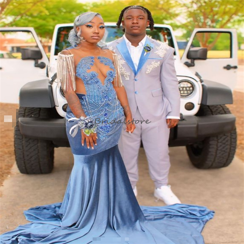 Unique Blue Prom Dresses For Black Girls Rhinestone Beaded Mermaid Velvet Evening Gowns With Tassel 2025 Formal Birthday Party Bespoke Special Occasio