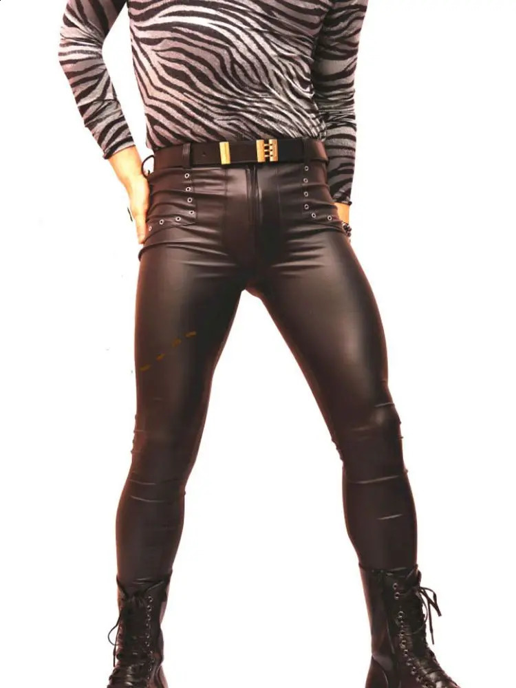 Mens Fashion Eye Rivet Conveyor Bag PU Leather Jeans Tight Pencil Pants Punk Leg Motorcycle Trouser Spodnie Pantalon 240905