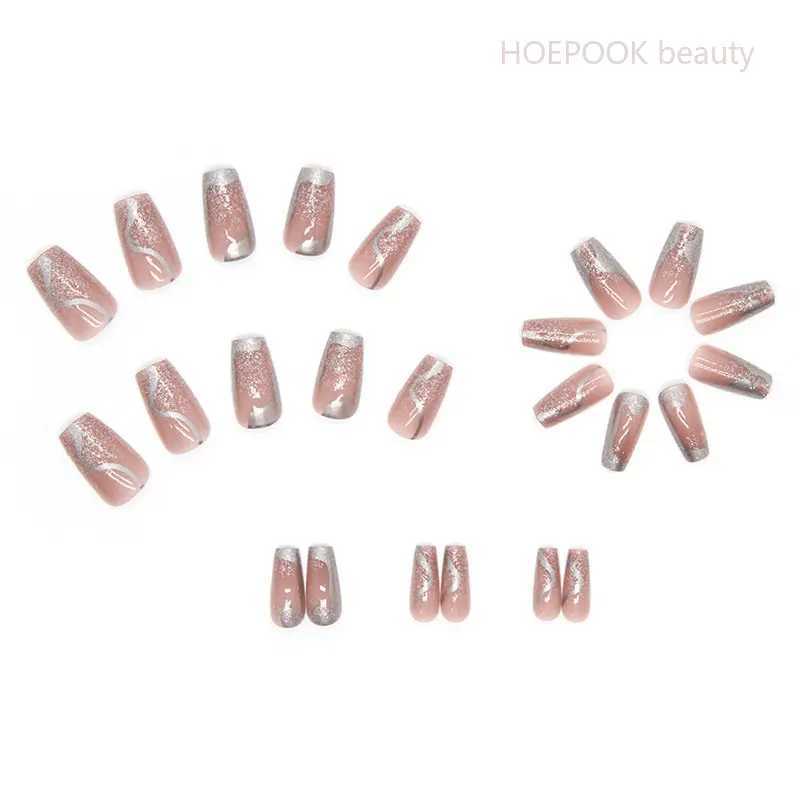24 pieces of silver mirror long T reusable fake nail art seamless detachable full cover acrylic press machine fake nail press machine W240905