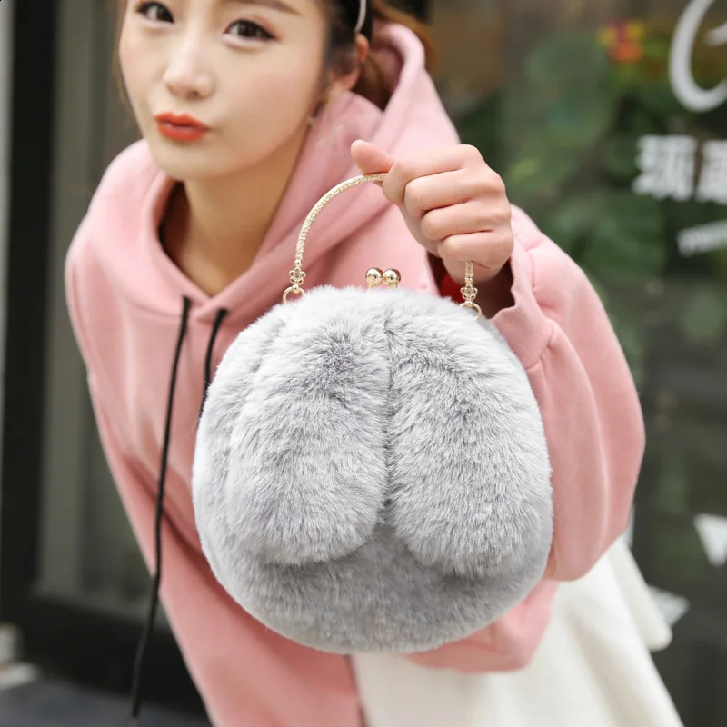 Artificial fur rabbit ear plush Kawaii round bag shoulder cross body womens chain messenger fashionable solid handbag 240906