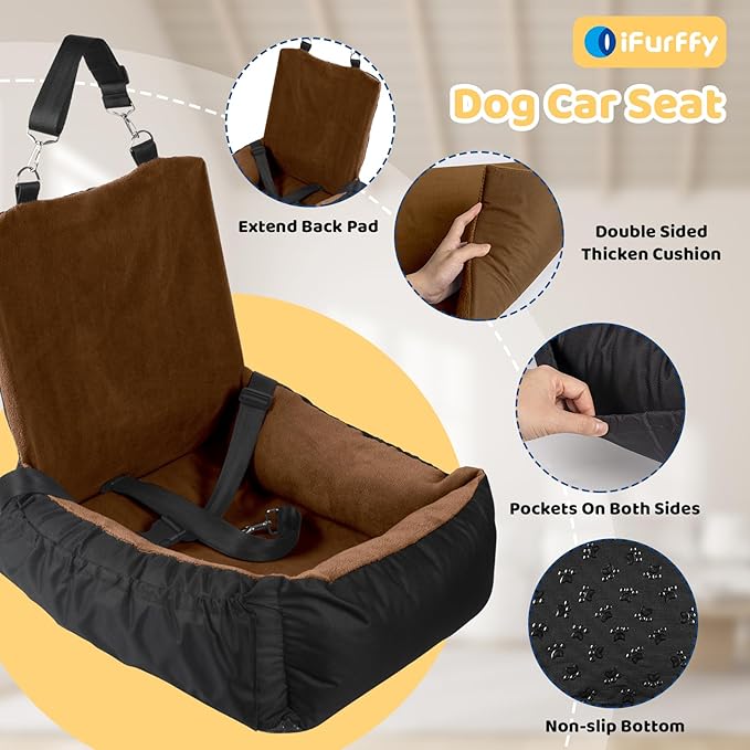 Dog Car Seat, Pet Car Seat with Storage Pockets and Clip-On Safety Leash, Washable Coral Fleece Booster Seat for Small Medium Dogs for Travel