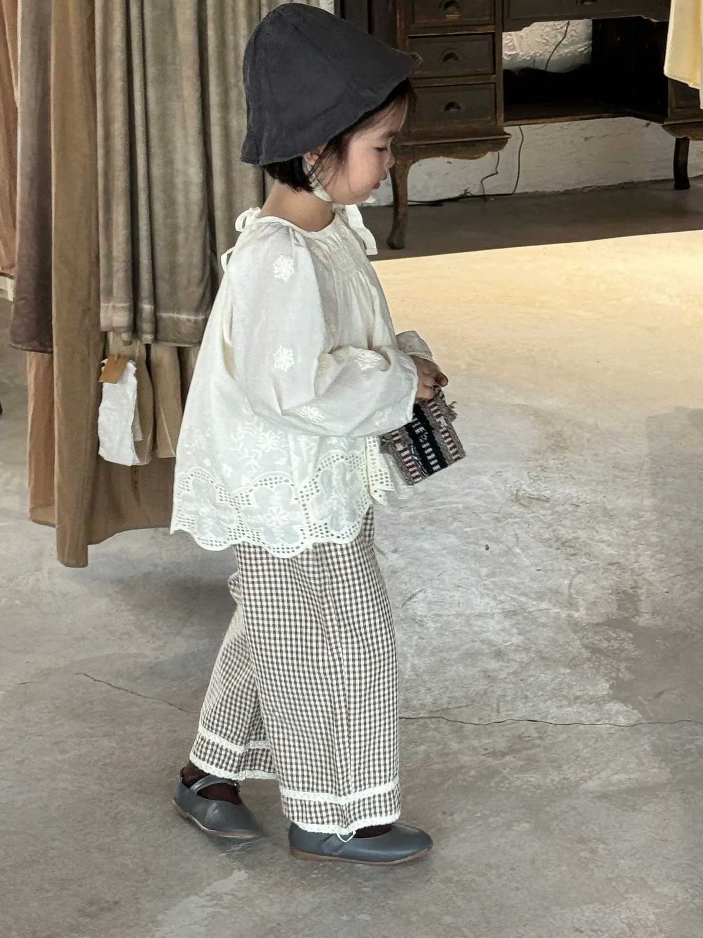 Autumn Girls Clothes Doll Shirt 2024 Korean Cute Sweet Cotton Embroidery Hollow-out Lace Girls Blouse Or Plaid Wide Leg Pants Y240906