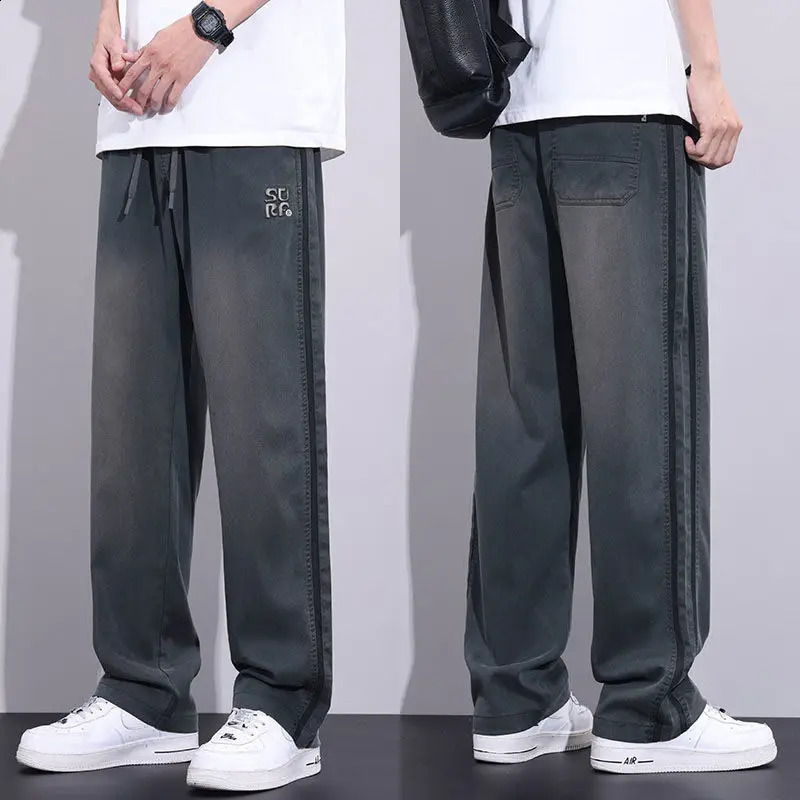 American retro high street straight jeans mens elastic waist drawstring splicing work stripe pocket fashionable casual wide leg pants 240905