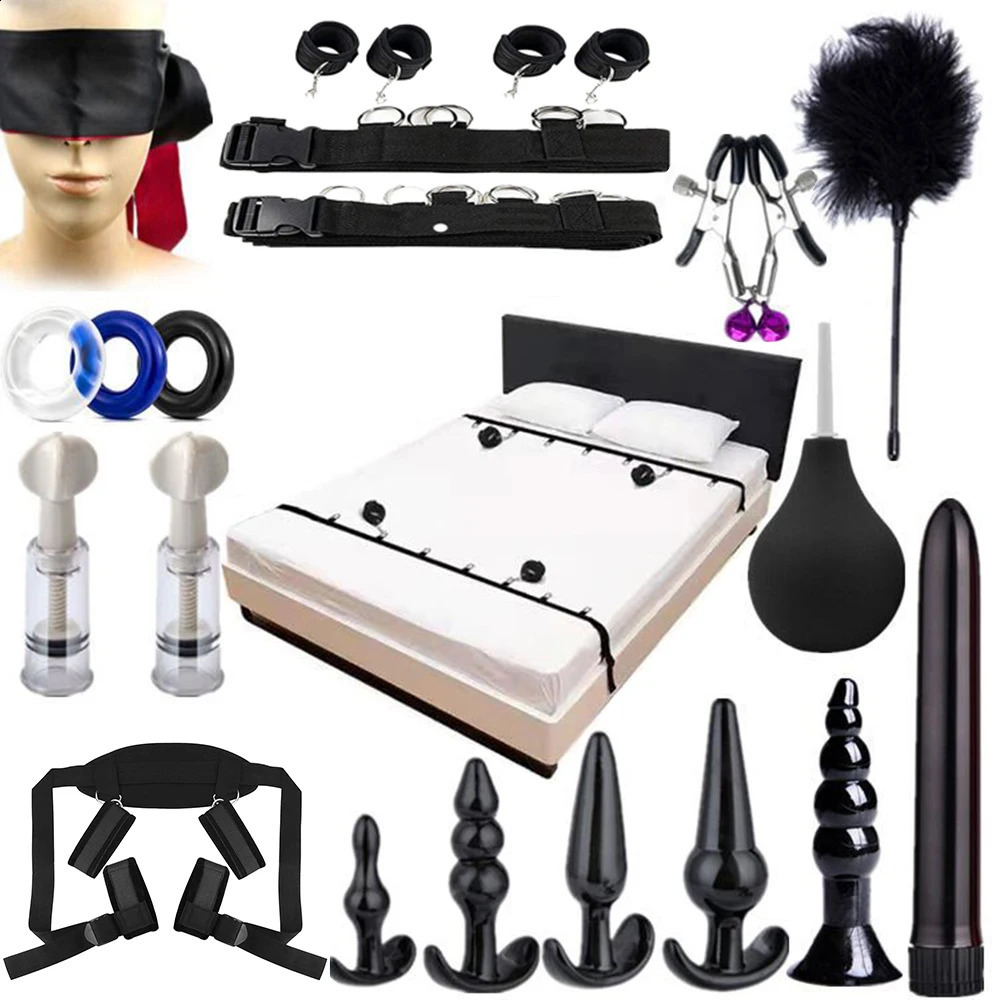 BDSM Set Toy Sex Handcuffs for Couple Adult Kit Bdsm Whip Anal Plug Vibrator Blindfold Strapon Bed Bondage Sexual Handcuffs Sexy 240904