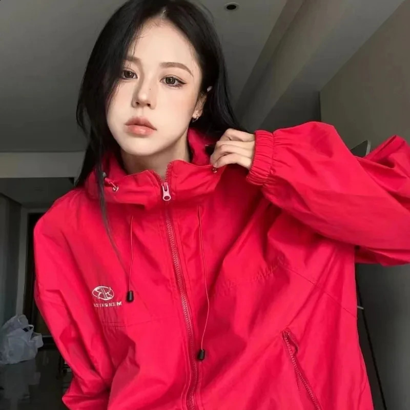 Harajuku womens jacket hooded Y2K streetwear oversized autumn retro loose casual long sleeved trend zipper 240902