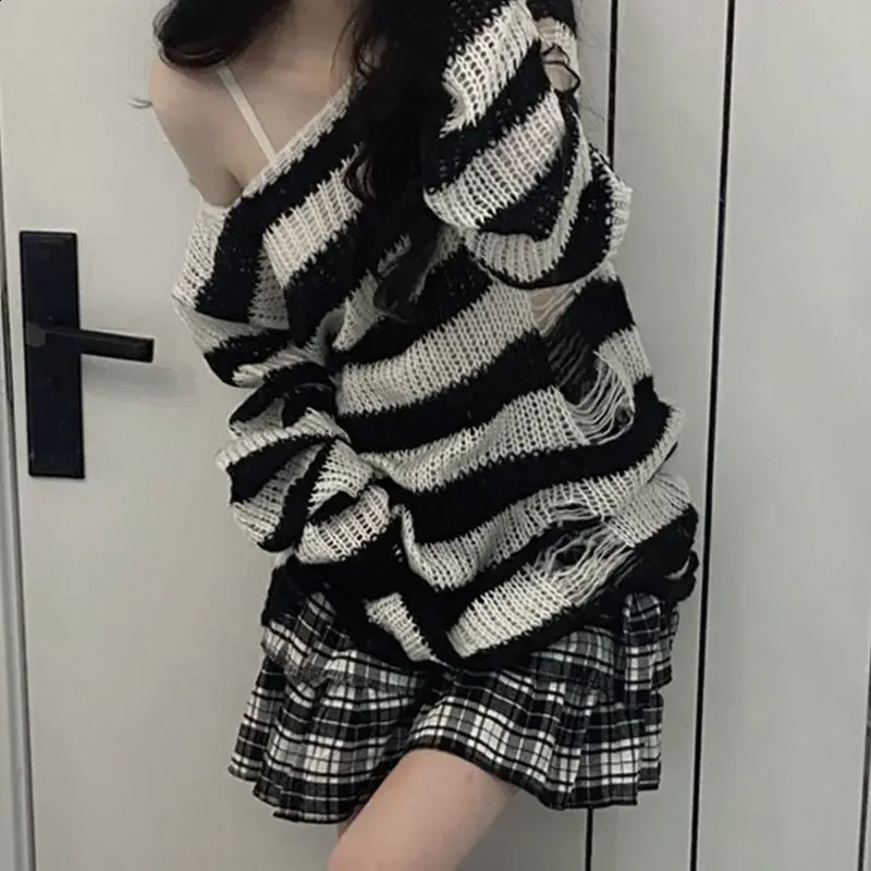 Womens sexy hollow outer striped long coat punk gothic cool hole torn jumper oversized loose rock dark streetwear zipper 240904