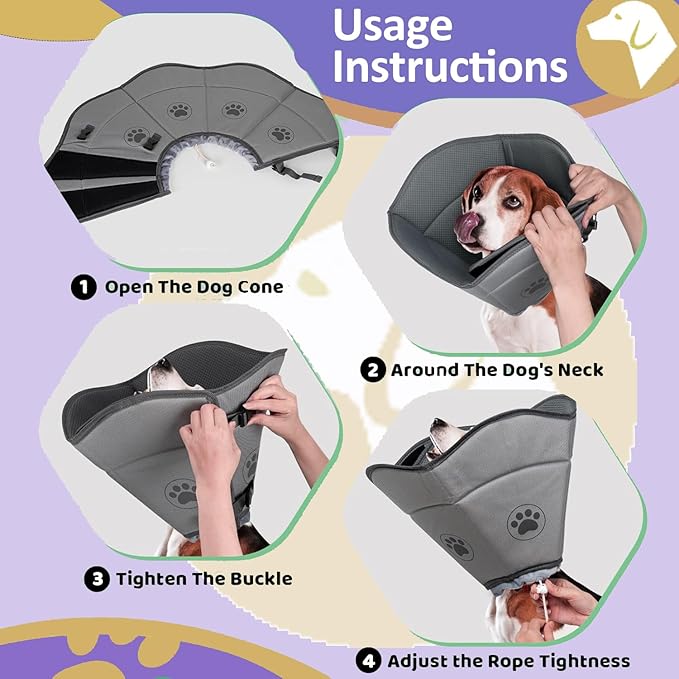 Dog Cone Collar After Surgery, Adjustable Breathable Pet Reecovery Cone for Large Medium Small Size Dog, Wound Care Recovery Collar, Black/gray