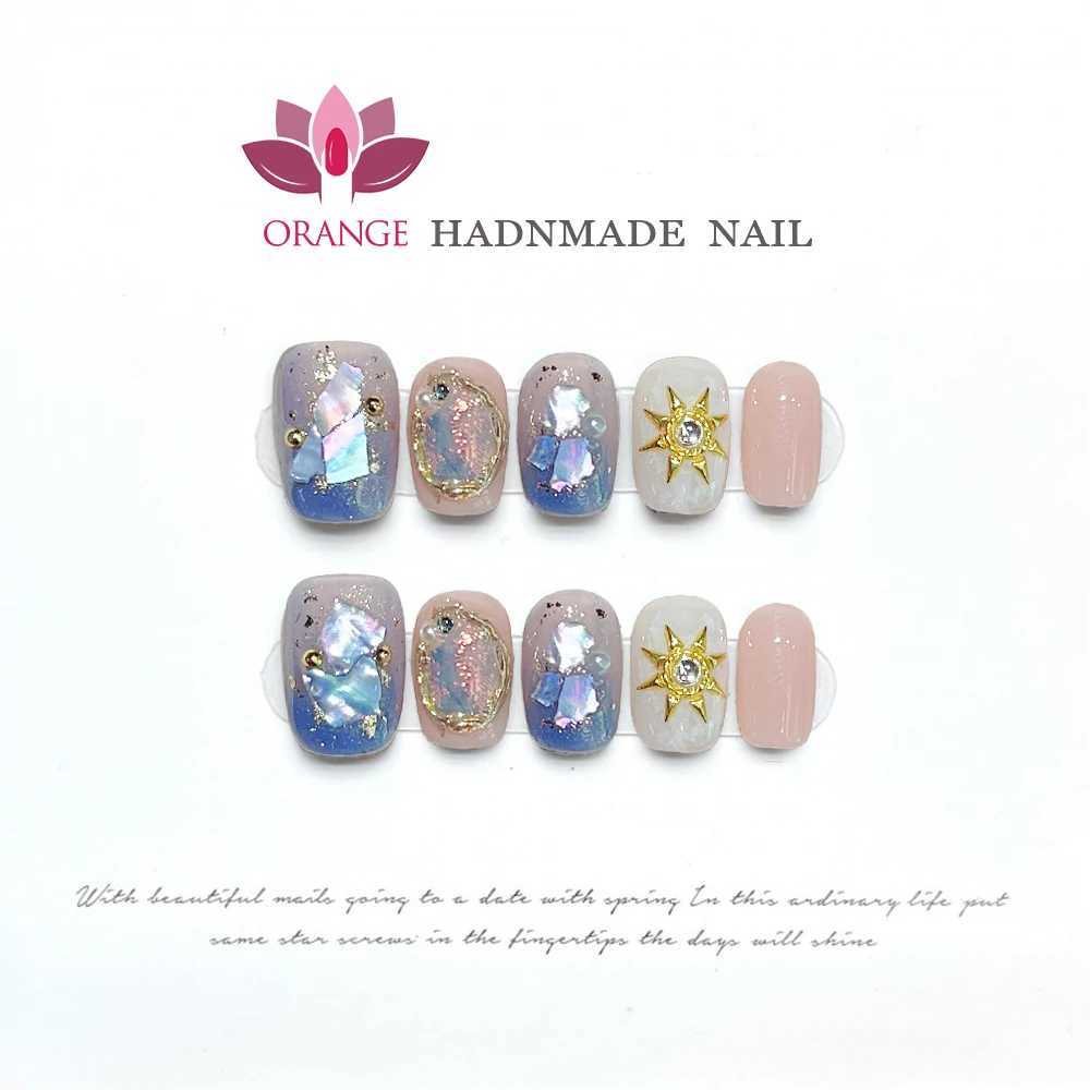 Handmade new imprint blue Baroque high-end temperature reusable fake nails artificial ergonomics wearable orange nail shop W240905