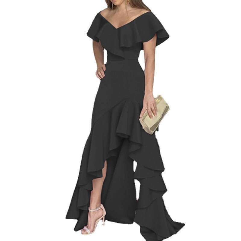 2023 temperament V-neck ruffled irregular elegant dress