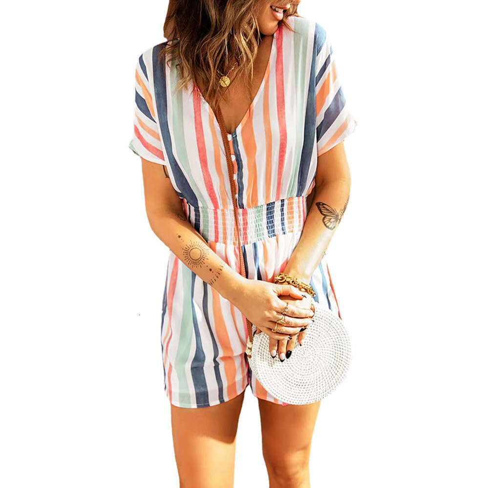 2023 Summer Fashion New Elastic Waist Stripe Printed V-neck Button jumpsuit for Women