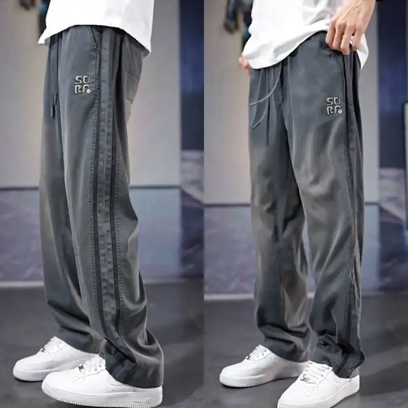 American retro high street straight jeans mens elastic waist drawstring splicing work stripe pocket fashionable casual wide leg pants 240905