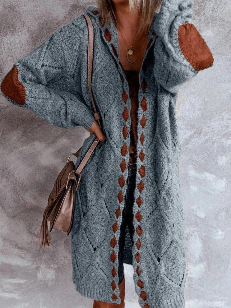 Retro Womens Super Large Cap Long Open Knitted Sweater Crossover Plain Casual Brown Coat Sleeveless Jacket 240905