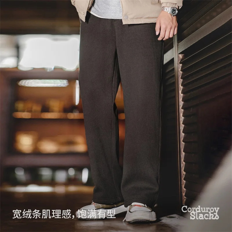 Maden Retro Corduroy Slacks Winter Mens Striped Velvet Loose Long Legs Khaki Elastic Waist Casual Straight Pants 240905