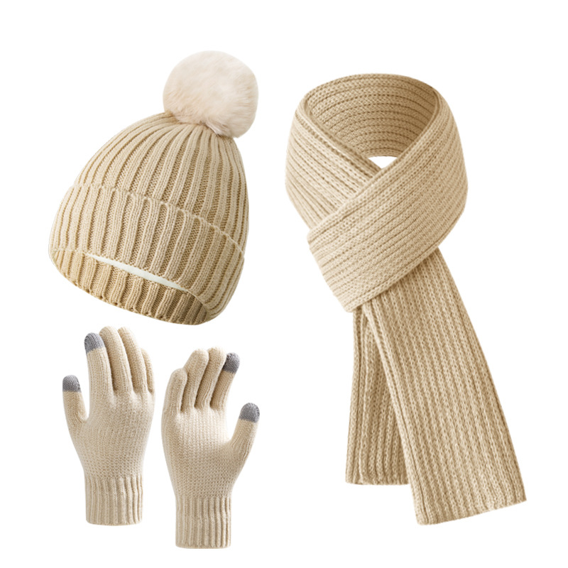Winter pink warm hat warm gloves and Scarves Wool Knitted Yarn with Thick Velvet Soft Threaded Beanie Hat Winter Clothing Matching Warm Hats Three pie