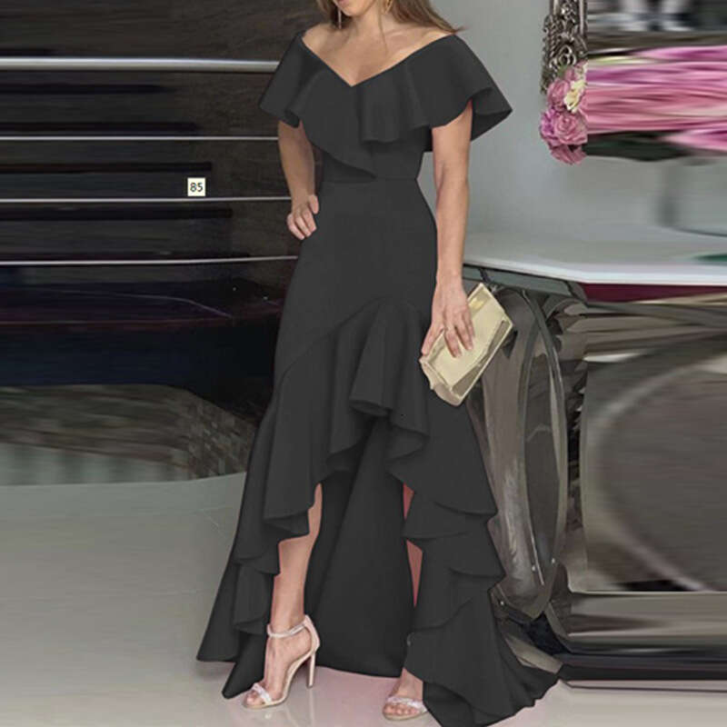 2023 temperament V-neck ruffled irregular elegant dress