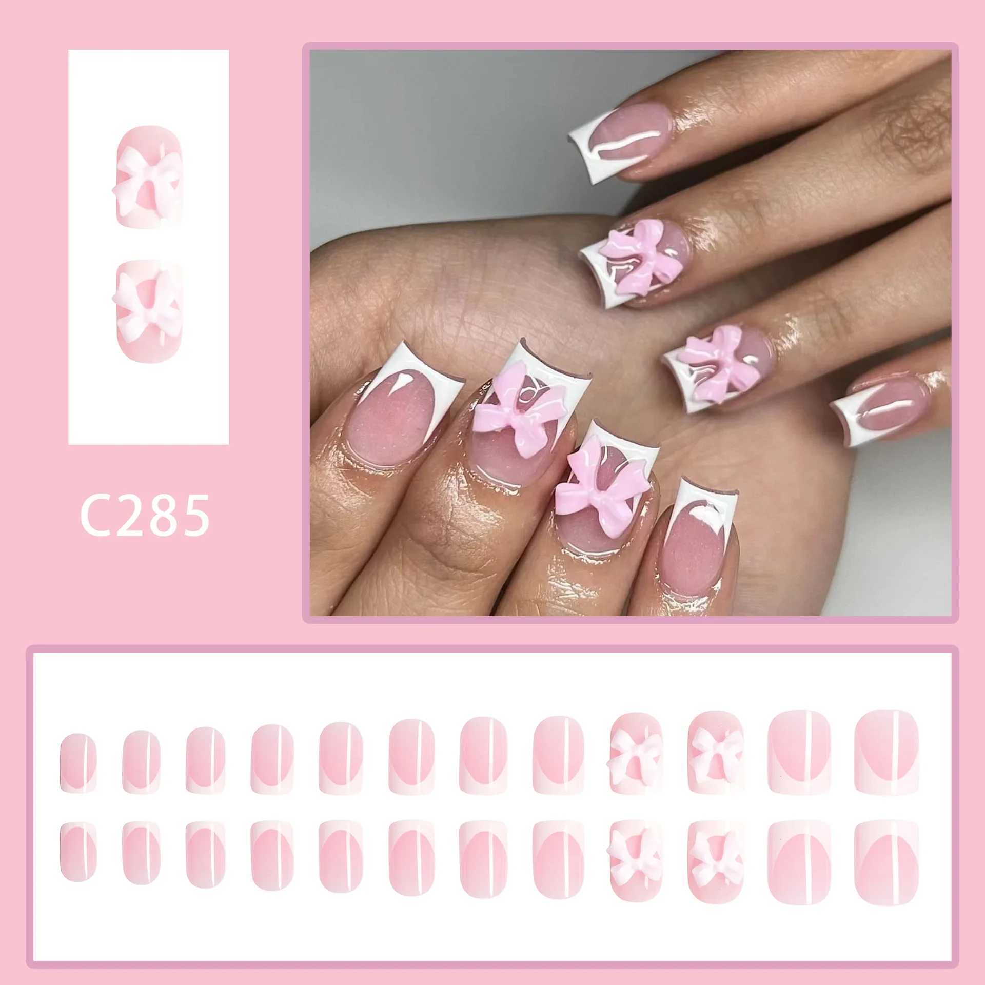 24 pieces/set of bows pressed on nails short square fake nails white French pointed fake nails with pink bow charm female nail stick W240905