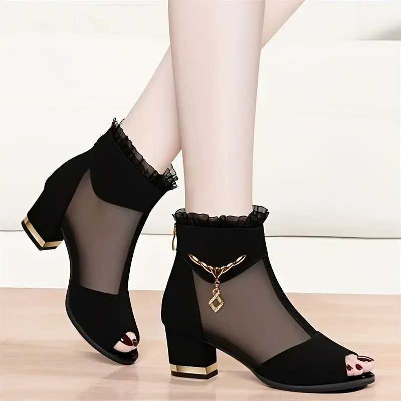 Spring and autumn breathable mesh high heels comfortable thick high heels open toe womens shoes fashionable back zipper low boots CL240906