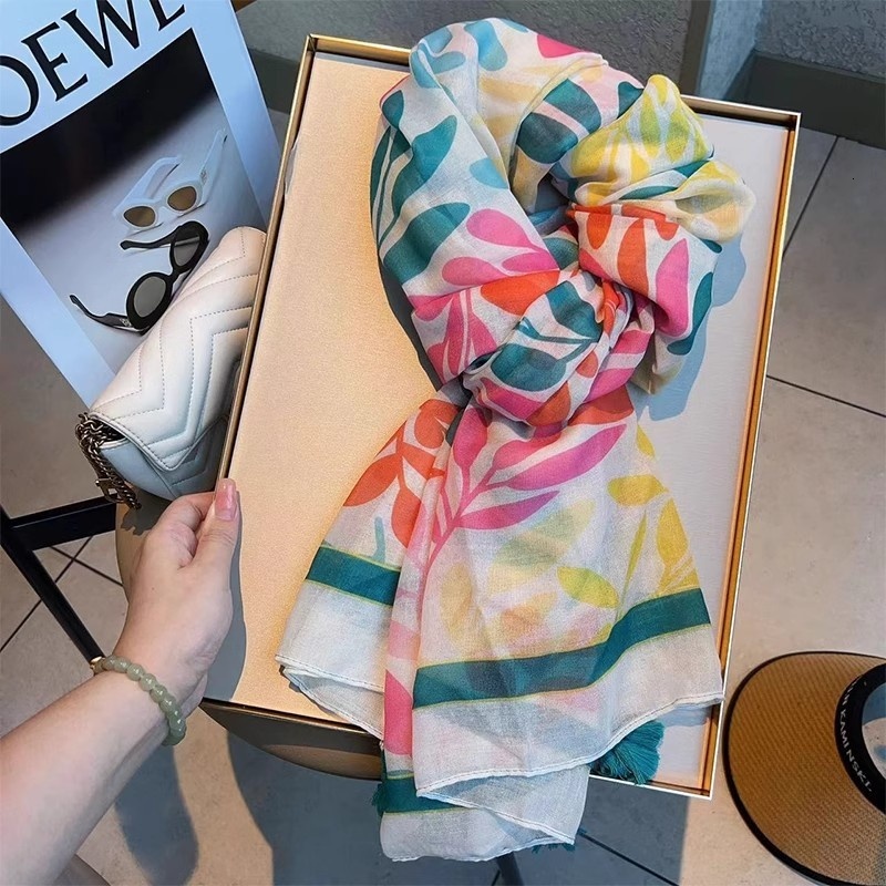 Dopamine Leaf Cotton and Hemp Scarf Women's Countryside Style Summer Thin Travel Sunscreen Whitening Neck Warmth Tassel Shawl
