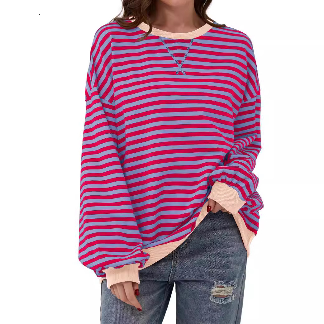 designer tshirt 2024 spring simple home cross border leisure new striped pattern round neck trendy long sleeve hooded color blocked tshirt