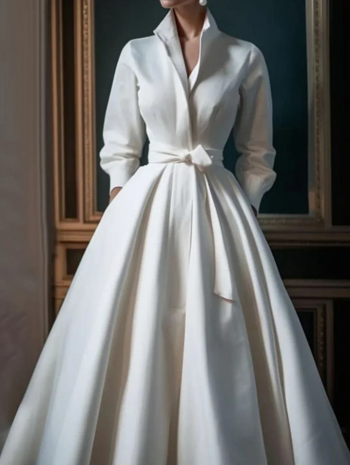 Womens elegant shirt dress long sleeved stand up collar white minimalist A-line pleated wedding guest dress Blet 240906