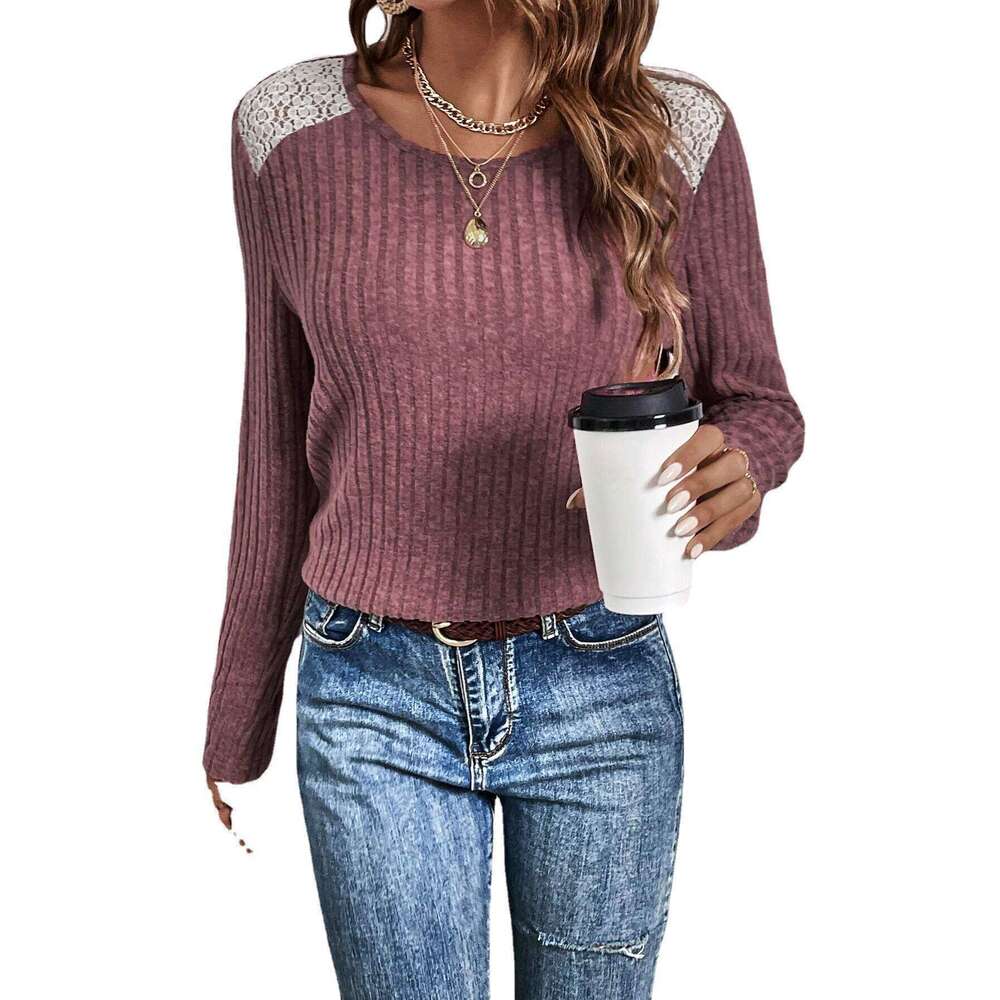 2024 Women's New T-shirt Autumn/Winter Round Neck Pit Striped Brushed Lace Long Sleeve Top for Women