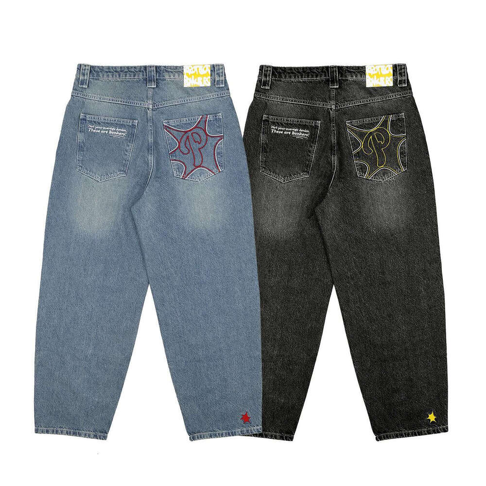 Retro casual men clothing black Designer baggy jeans y2k hip hop Haruku embroidery pattern straight wide leg pants versatile streetwear