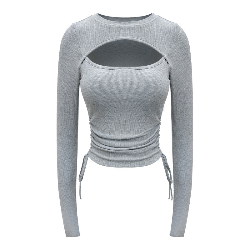 Yoga outfit women's new design sense hollow knitted base shirt, sports breathable drawstring tight long sleeved T-shirt top