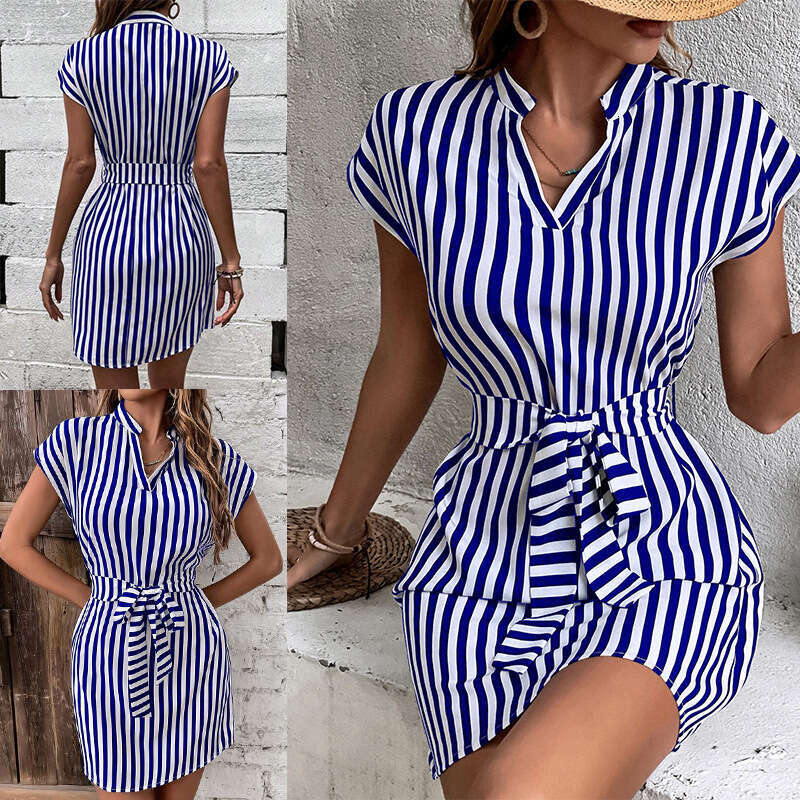 2024 Spring/Summer New OZON Women's Sleeveless Stripe Lace up Dress