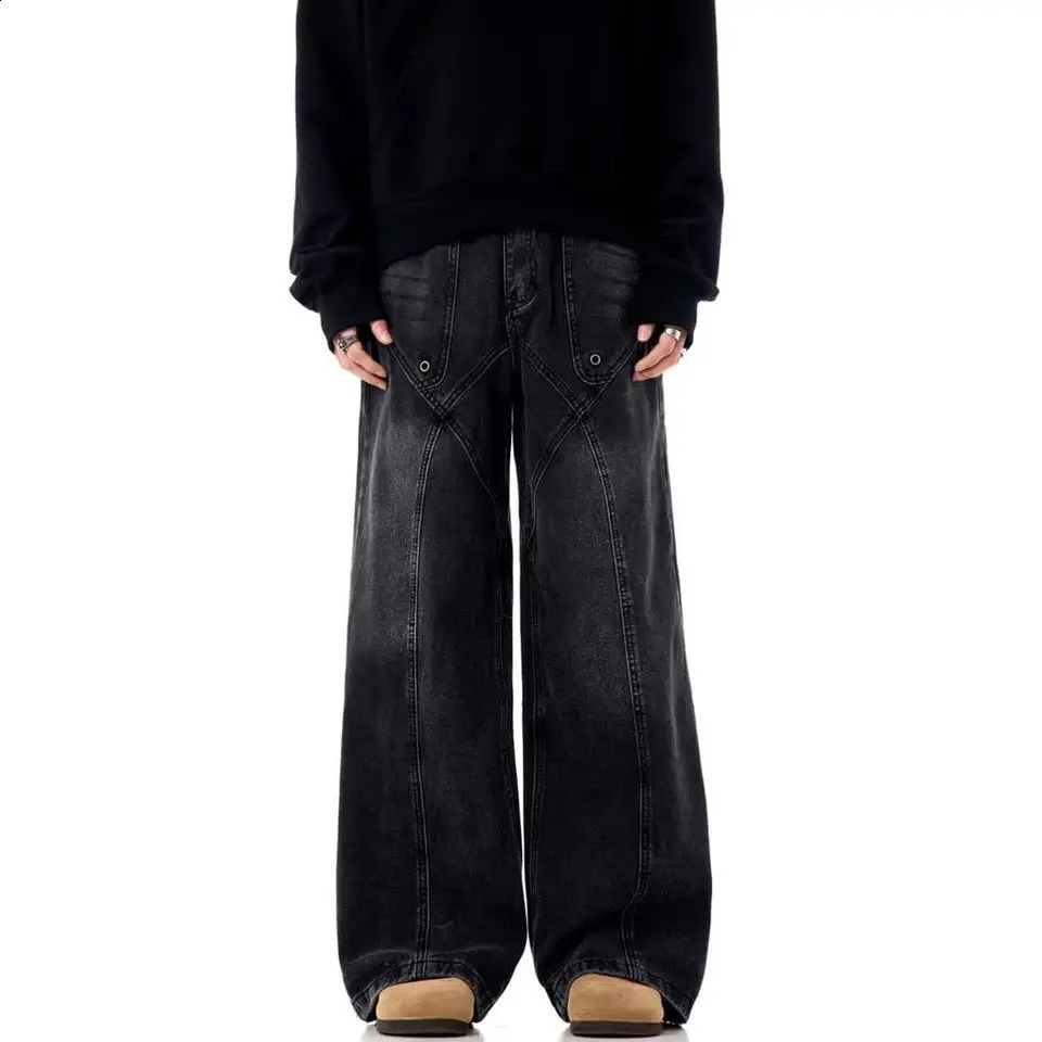 Street hiphop trendy patchwork washed jeans suitable for men and womens autumn retro loose wide leg Harajuku casual pants 240905