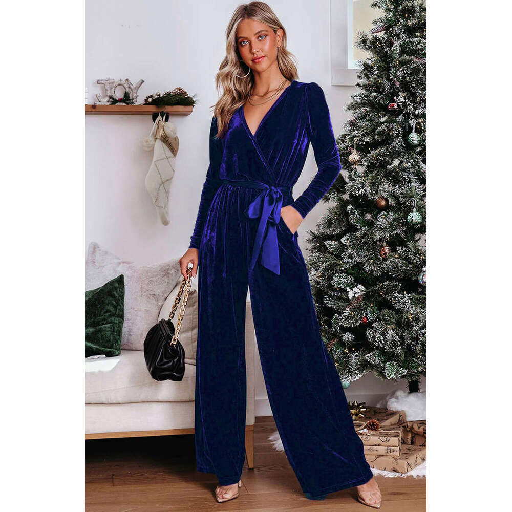 2024 new solid color long sleeved jumpsuit V-neck fashionable and elegant straight leg pants