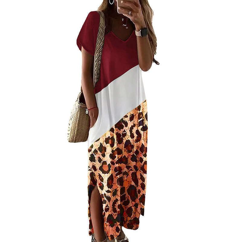 New leopard print side slit T-shirt long women's color matching black and white round neck dress women