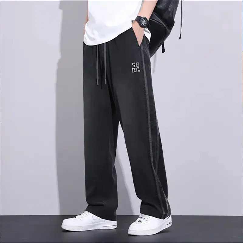 American retro high street straight jeans mens elastic waist drawstring splicing work stripe pocket fashionable casual wide leg pants 240905