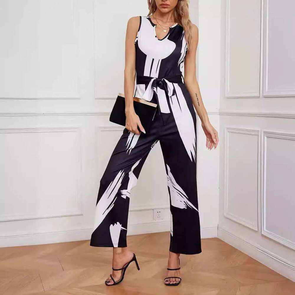 2024 New Graffiti Print with Belt White Commuter Dress jumpsuit