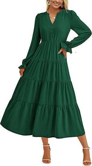 2024 autumn dress long sleeved V-neck layered ruffle hem flowing A-line cocktail party