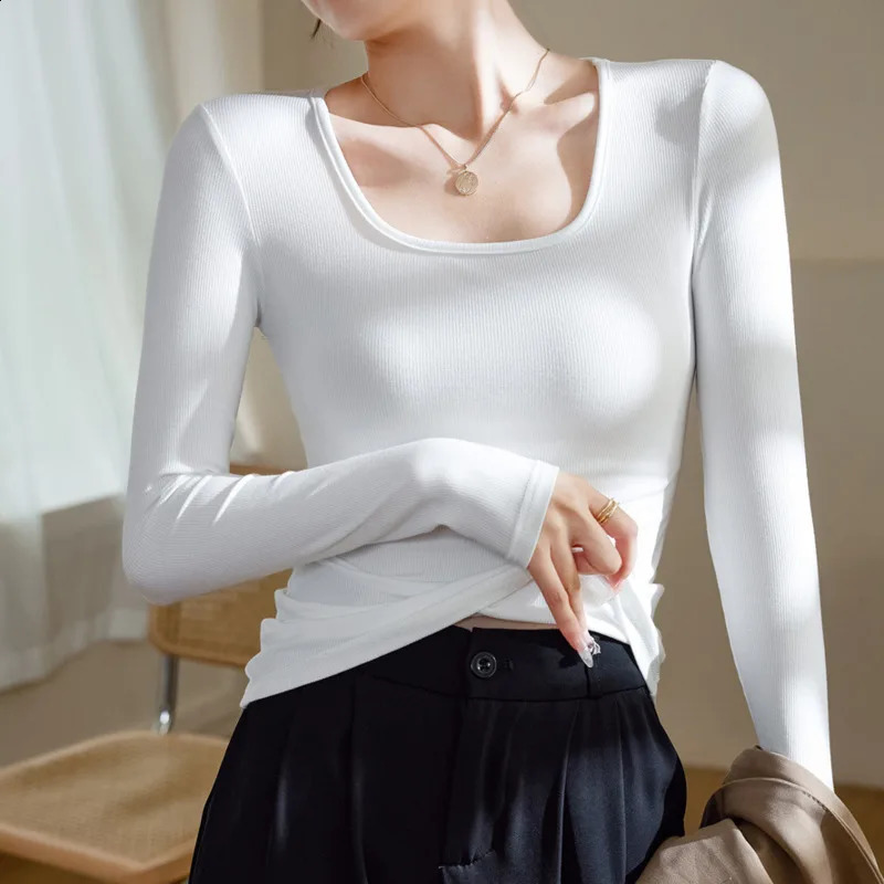 Wxw0411 autumn and winter elastic cotton long sleeved Tshirt for women square neckline sexy solid color tight fitting Korean style 240902