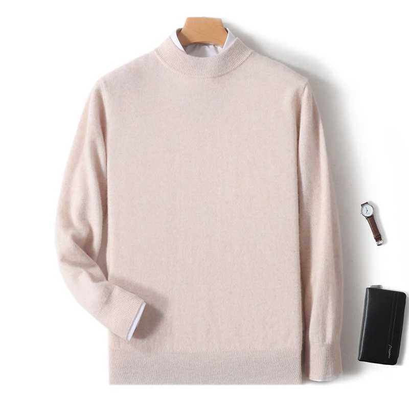Essential mens 100% wool warm pullover sweater for autumn and winter double layered semi high neck basic seamless sweater Y240906