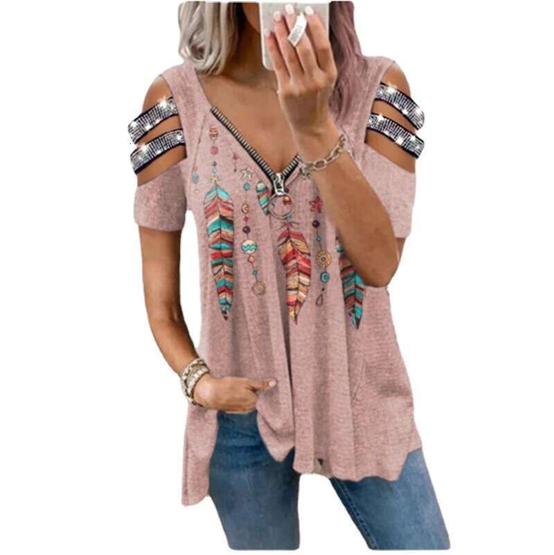 2024 V-neck Zipper Pullover Positioned Printed Short Sleeve Loose T-shirt Women's Top