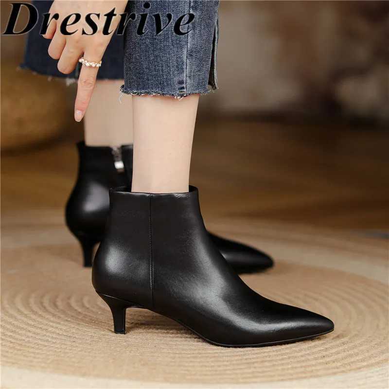 Dress womens ankle boots toe zipper beige thin high heels all leather 2022 classic spring shoes for the office CL240906