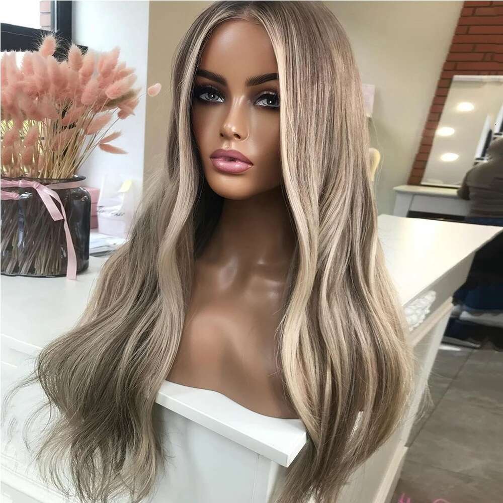 Ombre Dark Ash Blonde Frontal Highlights Transparen Synthetic Wigs Hair Lace Front Wig Slight Wavy