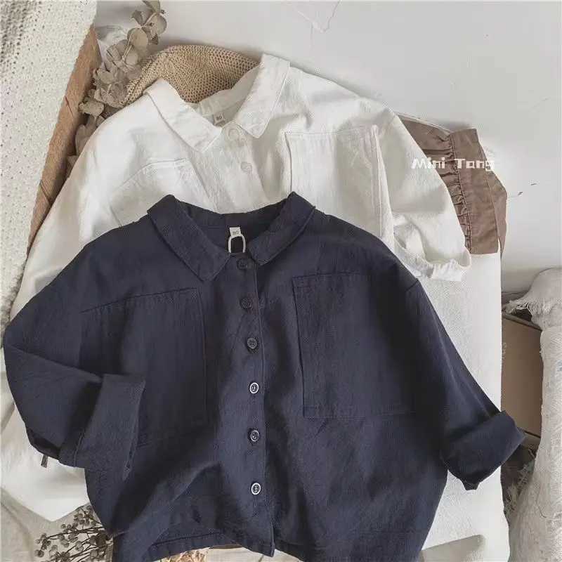 Spring and Autumn Boys Shirt Japanese Style Retro Long Sleeve Polo Collar Cotton Linen Shirt Childrens Baby Top Outer Coat Y240906