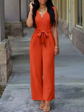 2024 Spring/Summer Women's New V-neck Wide Leg Sleeveless waist belt jumpsuit Female 0