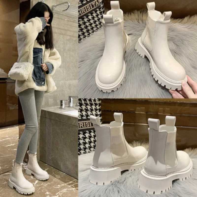 New Autumn Winter Chelsea Boots Womens Platform Brown Black Beige White Ankle Boots Womens Fur Short Fat Punk Gothic Shoes CL240906