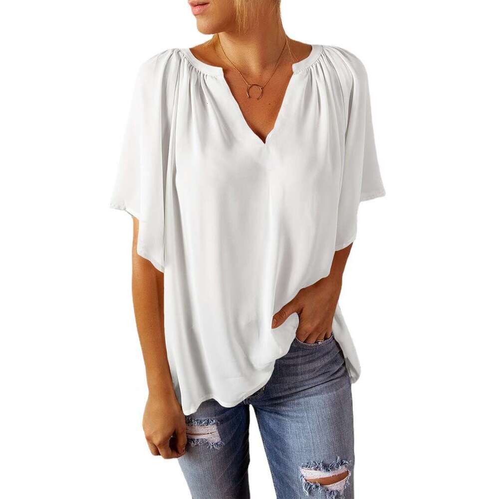Spring/Summer New Loose Quarter Sleeve T-shirt Women's V-neck Pullover Top