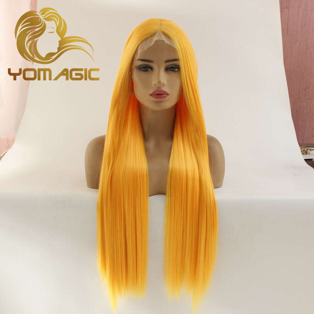 Yomagic Yellow Synthetic 13X3 Front With Baby Hair Straight Heat Resistant Orange Lace Wigs For Women Pre Plucked