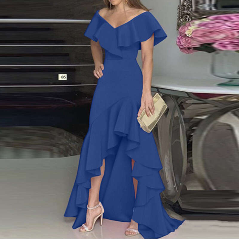 2023 temperament V-neck ruffled irregular elegant dress