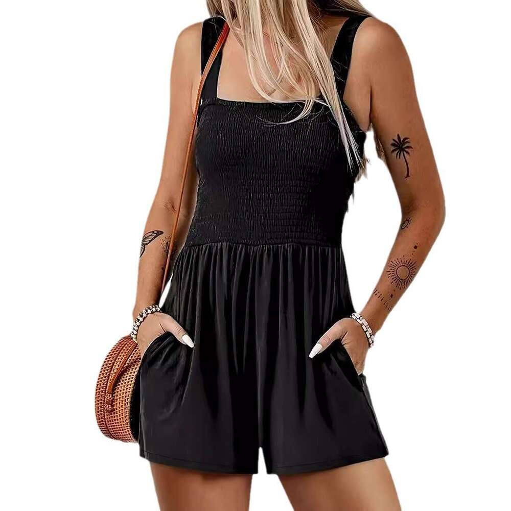 New sleeveless vest jumpsuit for spring and summer 2024, fashion, high waisted straight wide leg shorts, women's