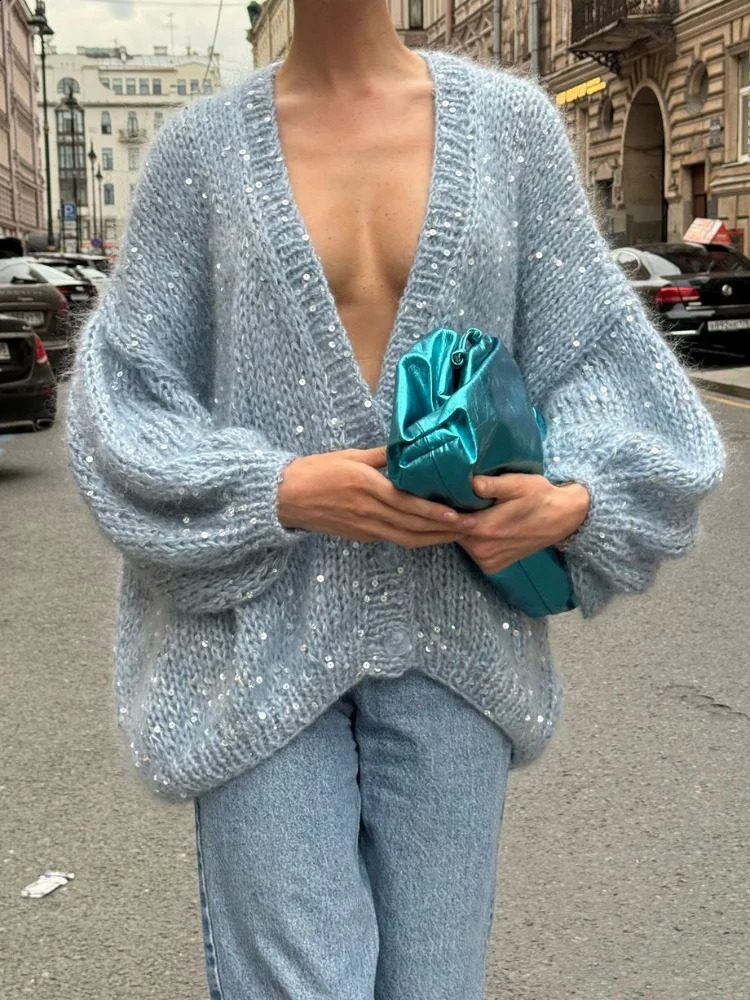 Elegant Shiny Fluffy Mohair Womens Sequin Cardigan Loose V Neck Lantern Sleeves Single Breasted Coats Female Chic Knitwear 2024 240905