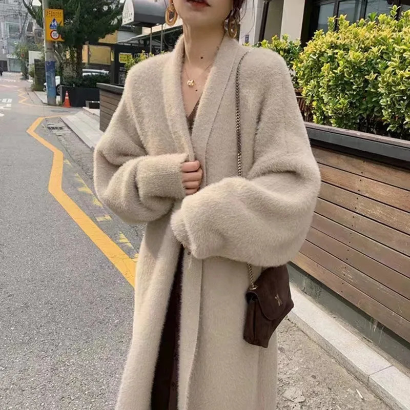 Womens casual knee length faux mink sweater fashionable autumn and winter loose knit cardigan jacket 240905