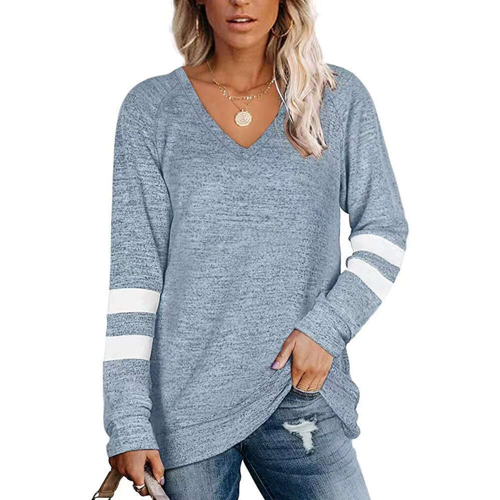 2022 Womens Long Sleeve Contrast Panel V-Neck Loose Casual T-shirt Top