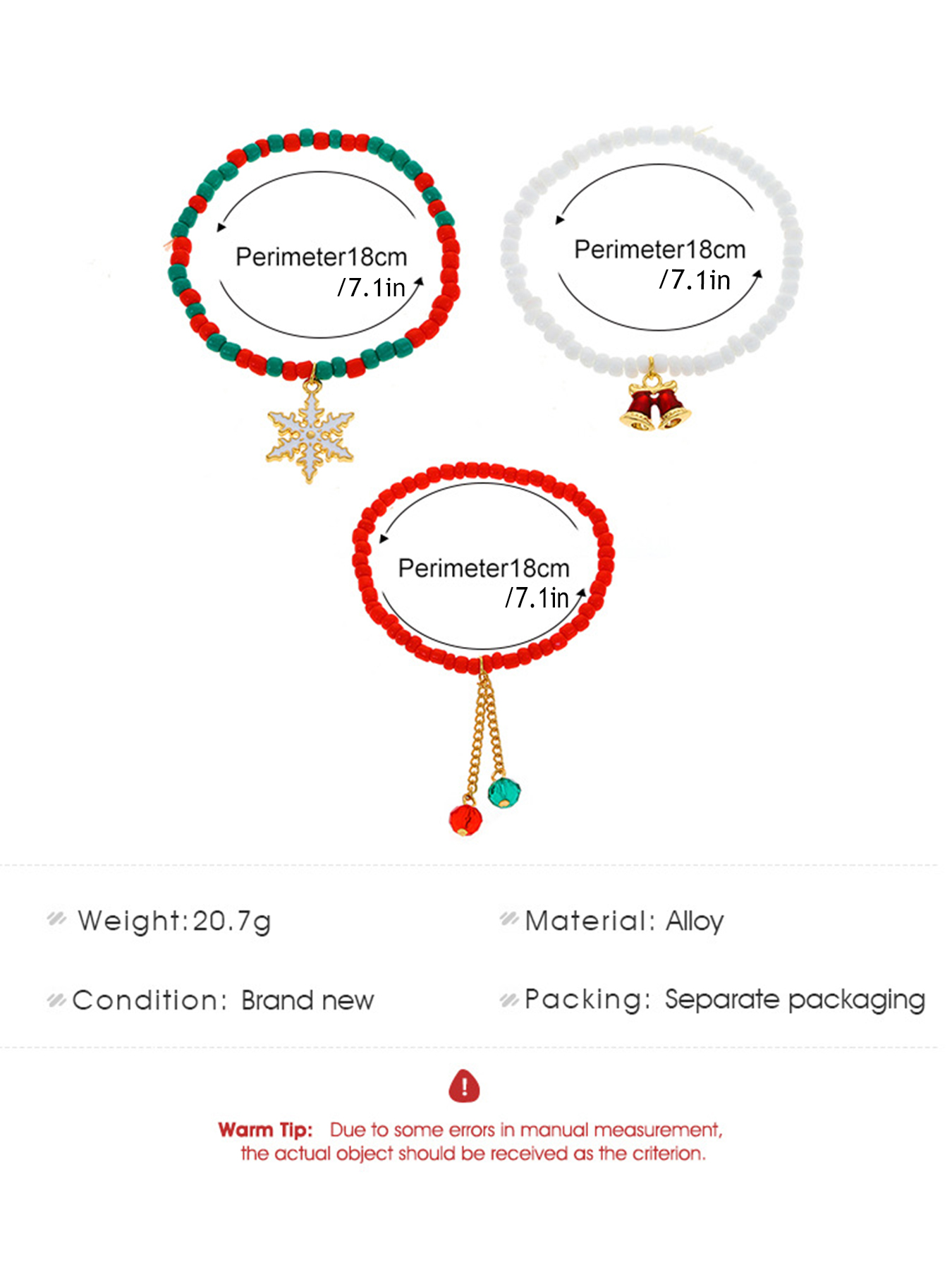 Stylish Holiday Jewelry - Multicolor Christmas Bauble Bracelets with Snowflakes and Tinkling Bells